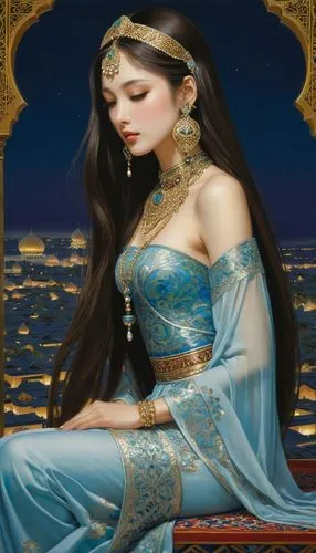 oriental princess,sheherazade,persia,orientalist,rem in arabian nights,cleopatra,Illustration,Realistic Fantasy,Realistic Fantasy 08