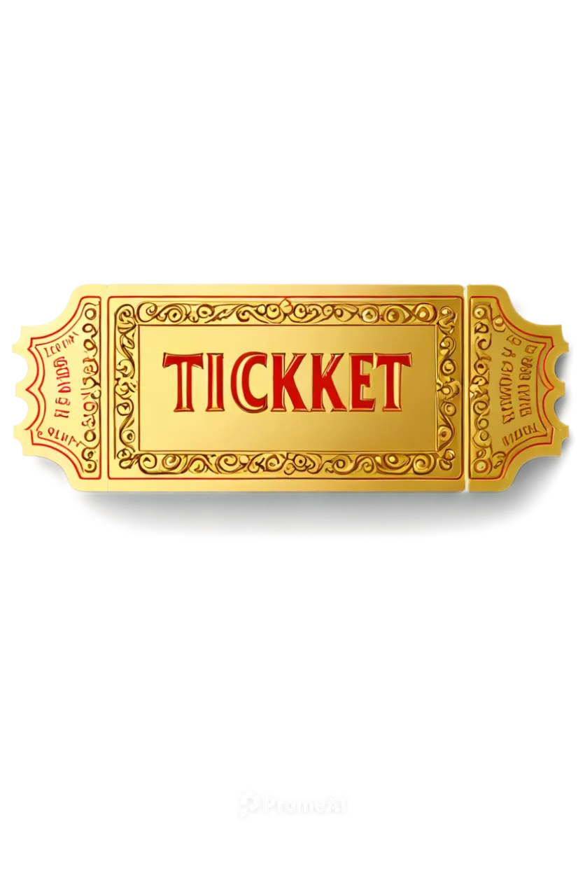 Clip art, ticket icon, golden ticket shape, ornate details, rounded corners, shiny surface, metallic material, 3D rendering, detailed texture, soft box shadow, centered composition, white background, 