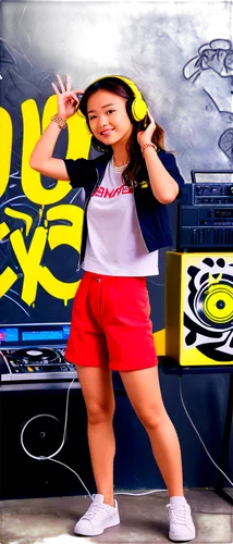 Headphones, microphone, DJ console, vinyl records, urban background, graffiti walls, dim lighting, neon signs, dynamic movement, confident posture, strong facial expression, trendy clothing, gold chai