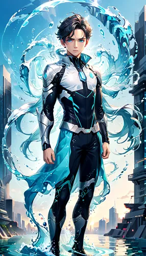 aquanaut,skyflower,wind warrior,sci fiction illustration,sea god,poseidon,god of the sea,guilinggao,sea man,gale,wind wave,cg artwork,aquarius,iceman,tsunami,avatar,male character,ocean background,tidal wave,wind edge,Anime,Anime,General