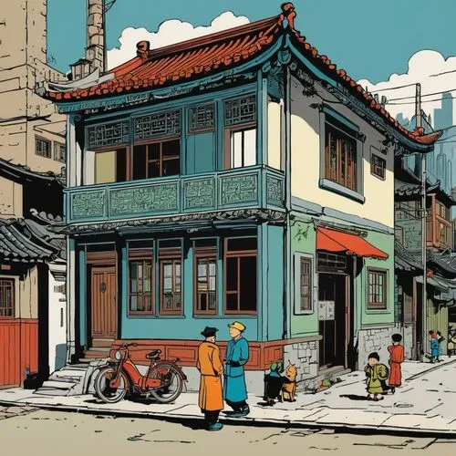 a convenience house, shanghai, 1930's, tintin art graphic,shophouses,chinatown,shophouse,ukiyoe,sungkyunkwan,archaia,hankou,saneh,asian architecture,jinchuan,hutong,teahouses,chungli,chongjin,hanguk,h