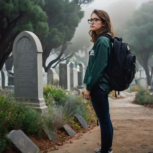 Cal Poly architecture student, solo, (20yo), glasses, messy brown hair, casual wear, backpack, sneakers, standing, graveyard, California Polytechnic State University, San Luis Obispo, evening, misty a