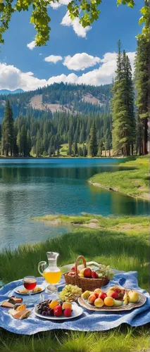 Imagine a peaceful picnic by the serene lake nestled in the foothills of Mt. Mazama, surrounded by lush greenery.,idyllic,landscape background,picnic,picnic basket,background view nature,meadow landsc