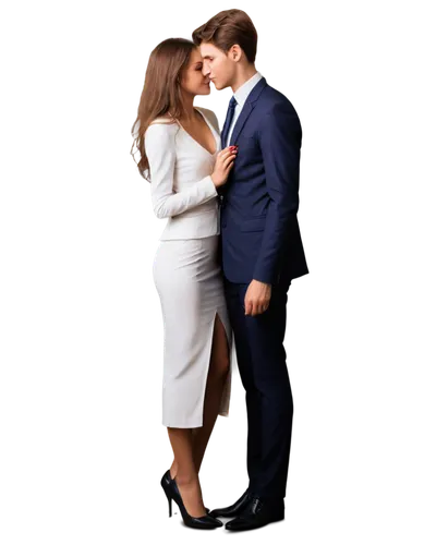 Couple, embracing, romantic, soft focus, gentle smile, tender eyes, flowing hair, elegant dress, fitted waist, slender legs, high heels, suit, tie, white shirt, gentle kiss, candlelight, warm atmosphe