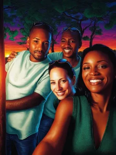 sunset at africa,an oil painting of four young black men and woman,magnolia family,stepfamily,peeples,livingstons,the dawn family,barberry family,Illustration,Realistic Fantasy,Realistic Fantasy 25