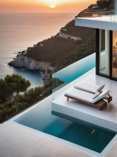 Bianca Censori style, modern architecture, luxurious villa, Mediterranean coast, cliffside, infinity pool, glass railing, sleek lines, minimalist decor, white marble floors, floor-to-ceiling windows, 