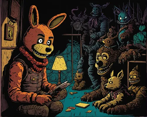 adventure game,happy easter hunt,halloween poster,plush toys,nightmare,villagers,cd cover,kids room,jack rabbit,rabbits,card game,jackrabbit,rodents,stuffed animals,game illustration,easter card,rabbit family,halloween illustration,the little girl's room,anthropomorphized animals,Illustration,Vector,Vector 15