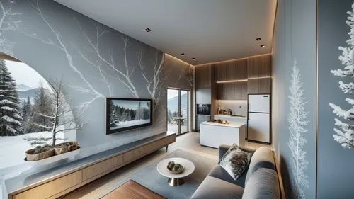 This photo features the living room and small kitchen of a hotel suite located in Puli, Taiwan. 
The design integrates elements of winter, Switzerland, and the tranquil atmosphere of the mountains, 
e