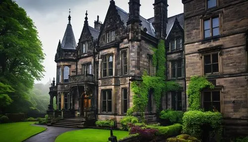 Edinburgh architecture, historic building, grandeur, ornate details, Gothic Revival style, Victorian-era, stone walls, pointed arches, stained glass windows, intricate carvings, imposing clock tower, 