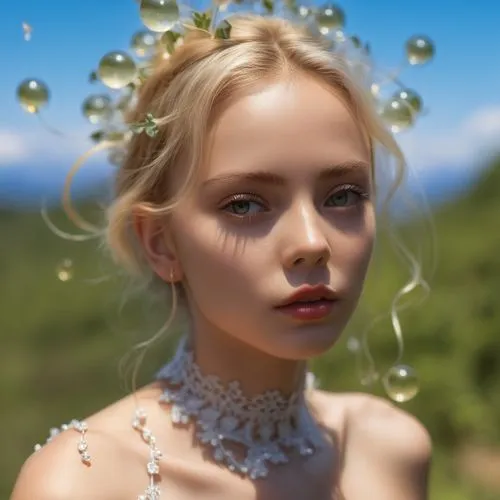 the girl in the white dress has pearls around her neck and neck,swarovski,bejeweled,fantasy portrait,water pearls,jeweled,kotova,Photography,General,Realistic