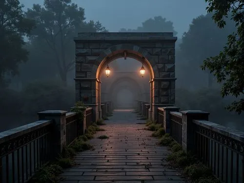 Mysterious gothic bridge, dark stone arches, ornate ironwork, misty foggy atmosphere, dimly lit lanterns, weathered wooden planks, rusty metal railings, eerie twilight shadows, moss-covered stonework,