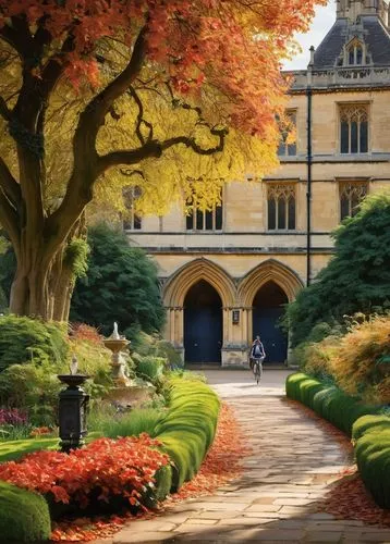 University of Oxford landscape architecture, British classical style, lush greenery, vibrant flowers, stone pathways, tranquil ponds, historic buildings, ornate fountain, afternoon sun, soft warm ligh