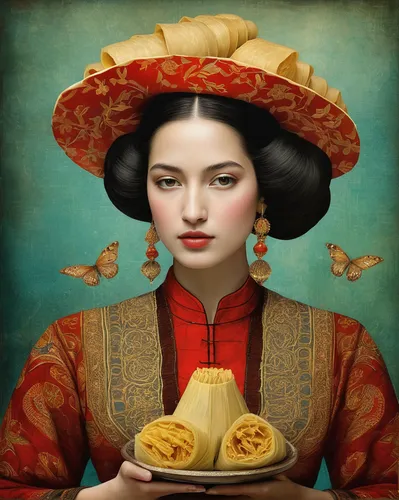 Describe the delicious taste of tamal tolimense with rich and savory flavors.,girl with bread-and-butter,woman holding pie,geisha girl,geisha,chinese art,oriental painting,oriental princess,orientalis