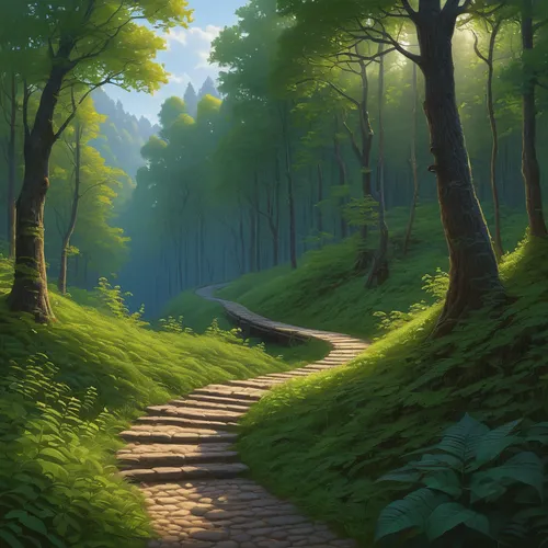 Describe the winding path that stretches for meters through the serene forest.,forest path,hiking path,pathway,forest road,wooden path,forest landscape,tree lined path,trail,the mystical path,green fo