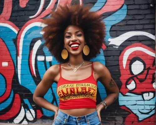 Nubian woman, New Yorker, 25yo, curly Afro hair, bright smile, golden brown skin, colorful tribal tattoos on arms, modern streetwear, ripped denim shorts, black crop top, bold red lipstick, statement 