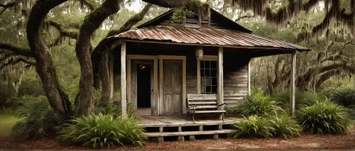 Florida Cracker house, rural setting, wooden structure, tin roof, wide porch, swinging bench, creaky floorboards, rustic wood door, metal lanterns, lush greenery, oak trees, Spanish moss, sunny day, s