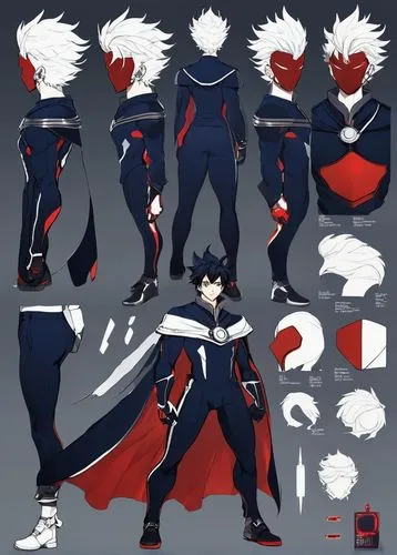 A turnaround character design sheet of a male superhero with a cape. Athletic figure. Short black hair. Color: Midnight blue and red. Comic book cell-shading style. Full body shot. Character standing 