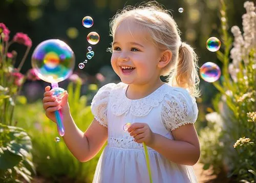 happy little girl, blonde hair, ponytail, bright smile, dimples, sparkling eyes, colorful bubble wand, blowing bubbles, gentle facial expression, white dress, puffy sleeves, lace trim, holding a bubbl