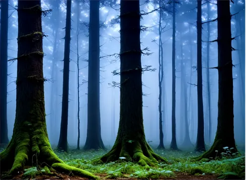 Dark forest, nighttime, misty atmosphere, towering trees, branches stretching upwards, twinkling stars above, moonlight filtering through leaves, soft glowing mushrooms, roots deep in earth, fog rolli