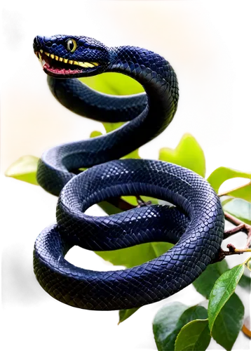 Black snake, solo, dark scales, shiny texture, curled posture, venomous eyes, forked tongue out, entwined around branch, morning dew, soft sunlight filtering through leaves, 3/4 composition, shallow d