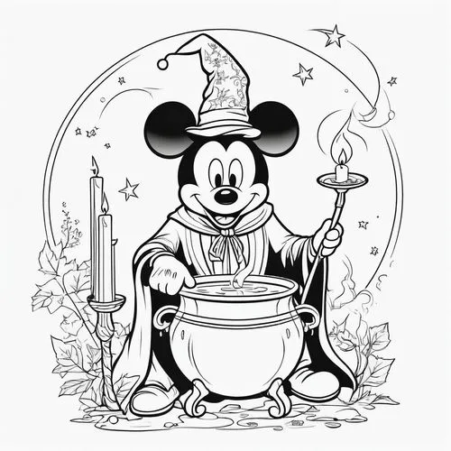 A black-and-white coloring page featuring a cartoon character Mickey Mouse dressed as a whimsical wizard with a pointy hat and cape, holding a wand over a bubbling cauldron. The environment includes c