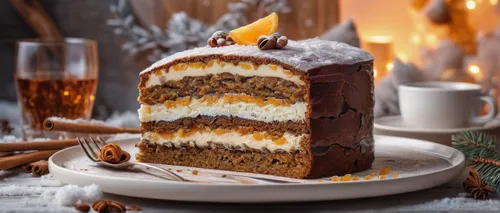 Transport your taste buds to a cozy winter cabin with a comforting rye bread layer cake.,yule log,christmas cake,danish nut cake,rye bread layer cake,ferrero rocher cake,baked alaska,christmas pastry,