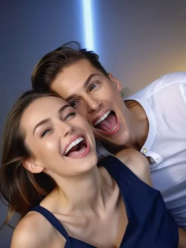 a beautiful woman laughing with a man in a shirt,an image of two smiling people with their mouths wide open,sugg,luar,laser teeth whitening,greenscreen,sotah,lucaya,Photography,General,Realistic