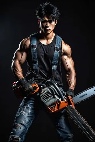 Muscular man, Saw Xii, solo, (25yo), intense gaze, sharp jawline, spiky black hair, bold eyebrows, sleeveless shirt, ripped jeans, heavy boots, holding a chainsaw, powerful pose, dark background, spot