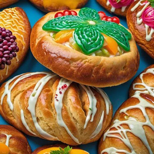 kolach,colorful sorbian easter eggs,rosca de reyes,pretzel rolls,bakery products,pan dulce,pastries,danish pastry,sweet pastries,freshly baked buns,party pastries,easter bread,bagels,challah,types of bread,pan de muerto,breads,sufganiyah,easter pastries,viennoiserie,Photography,General,Realistic