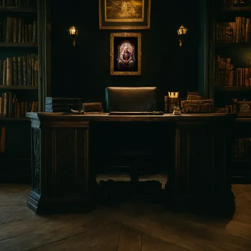 turn the external background part in to: a medieval fantasy office with a desk on the front,dark cabinetry,secretary desk,writing desk,dark cabinets,apothecary,a dark room,consulting room,study room,a