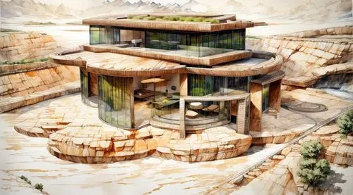 fallingwater,viminacium,herodium,tulou,dead sea scrolls,dunes house,qumran,mikvah,earthship,amanresorts,arcology,quarry,ancient house,tigers nest,nabataean,ecotopia,ancient city,stone quarry,qumran caves,biomes