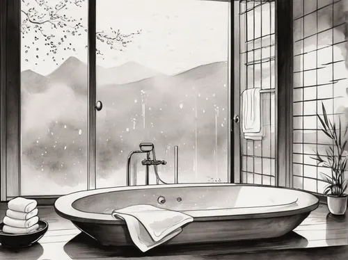 hot spring,rainy day,japanese-style room,ryokan,rain shower,rainy,bath,bathtub,baths,day-spa,washes,luxury bathroom,water mist,rainy season,day spa,the girl in the bathtub,spa items,bathroom,bathing,book illustration,Illustration,Paper based,Paper Based 30