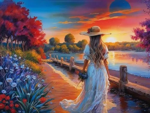 landscape background,girl on the river,colorful background,art painting,oil painting on canvas,fantasy picture,romantic scene,beautiful landscape,oil painting,summer evening,girl walking away,creative background,springtime background,boho art,background colorful,sea landscape,splendid colors,nature landscape,romantic portrait,river landscape,Illustration,Paper based,Paper Based 04