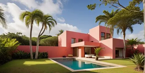 EL EXTERIOR DE UNA CASA CON ESTILO MEXCANO MODERNO, USO DE COLORES VIBRANTES, MATERIALES REFIONALES, TEJA, VIGAS DE MADERA, EN UN AMBIENTE EXUBERANTE, ESTANQUE DE AGUA AL FRENTE.,a modern house with p