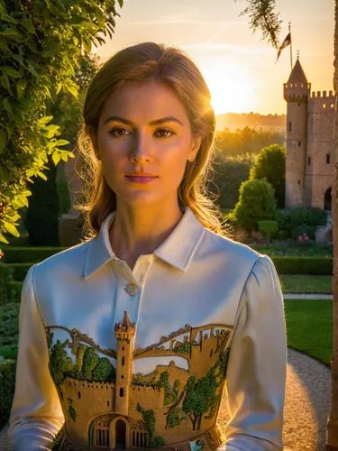 La fiera principessa Barbara Gonzaga di Mantova si trova in un pittoresco giardino. Dietro di lei si trova un modello in miniatura di un fiero castello cavalleresco, decorato con intagli ornamentali e