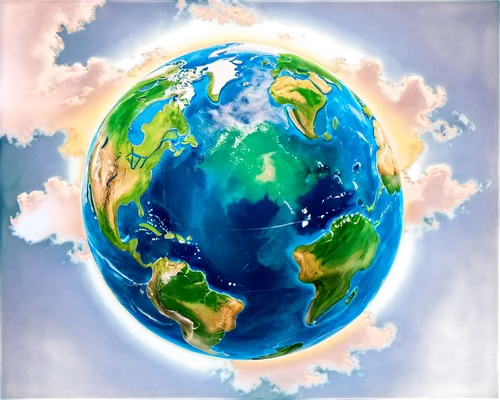 Earth Day, globe, blue oceans, green continents, white clouds, atmospheric glow, rotating, 3D rendering, low-angle shot, warm lighting, vibrant colors, textured surface, realistic atmosphere, cinemati