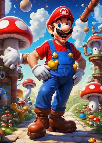 Mario, character creator, plumber, mustache, red cap, blue overalls, white gloves, brown shoes, happy expression, hands in pockets, standing, Mario's world, colorful background, pipes, question mark b