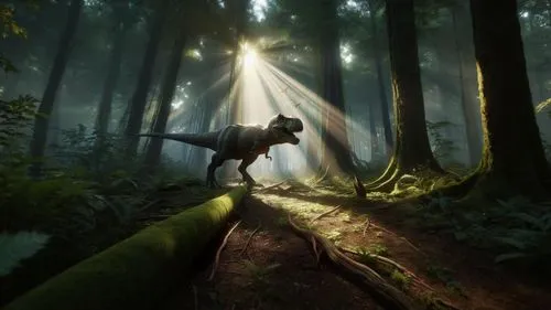 Tyrannosaurus,Dinosaur,Trex,Lush,Forest,Sunrays