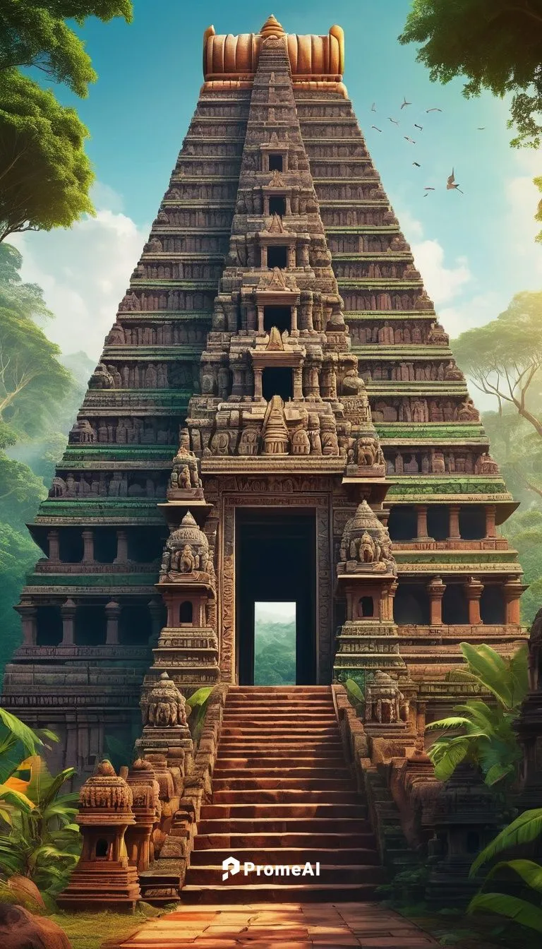 Ancient Hindu temple, south Indian style, intricate carvings, ornate pillars, vibrant colorful sculptures, detailed Gopuram, towering pyramid roof, majestic entrance gate, lush greenery surroundings, 