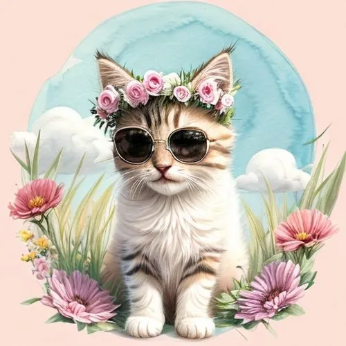 A light and airy watercolor illustration of the whole body of a kitten wearing sunglasses and a flower crown, surrounded by a dreamy pastel landscape filled with floating bubbles and butterflies.,blos