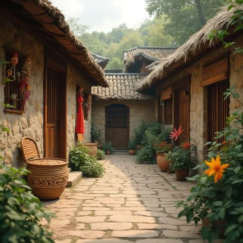 Traditional village setting, natural stone walls, earthy tones, wooden accents, thatched roofs, rustic doors, clay tiles, woven bamboo fences, lush greenery, vibrant flowers, local craftsmanship, hand