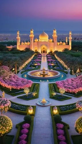 dubai garden glow,sheikh zayed grand mosque,pink city,shahi mosque,taj mahal india,agra,Illustration,Realistic Fantasy,Realistic Fantasy 08