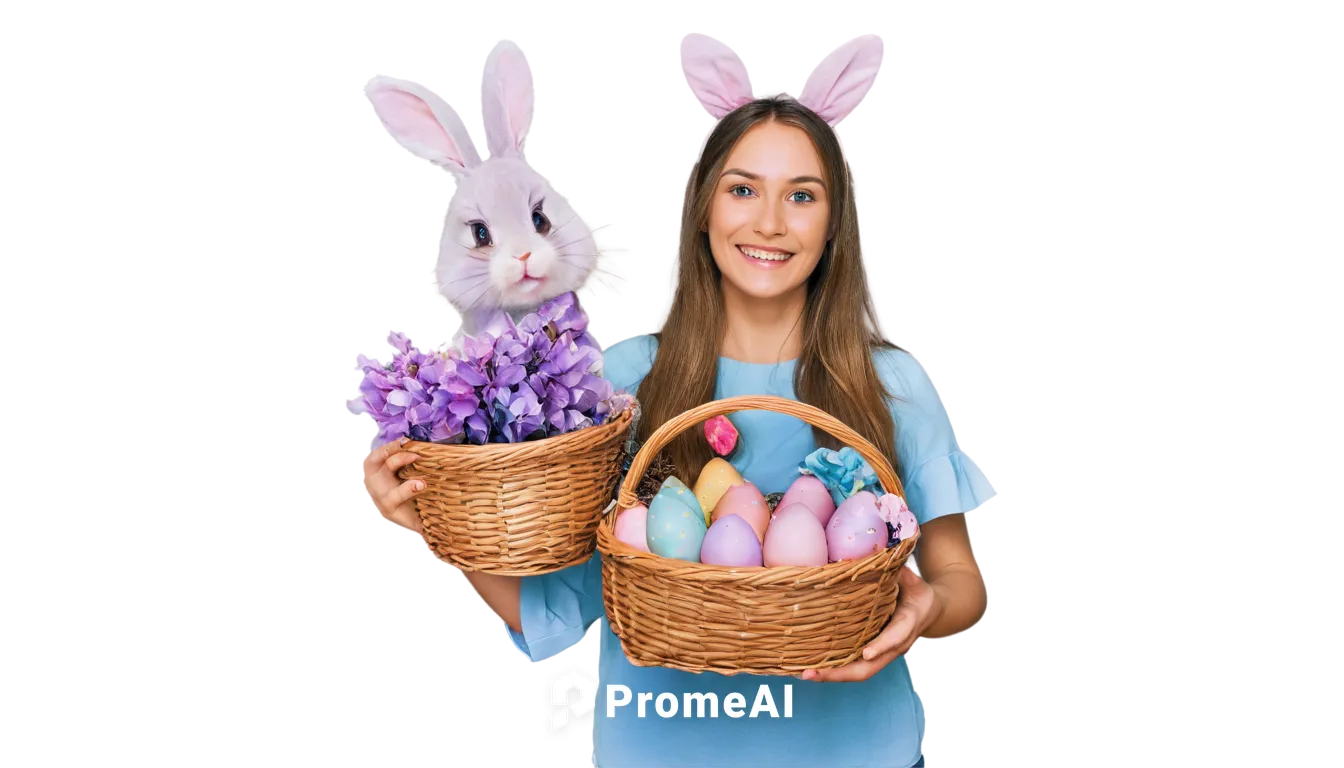 Colorful Easter eggs, decorated with ribbons, glitter, shiny surface, pastel colors, bunny ears, whiskers, cute facial expression, holding basket, filled with small eggs, flowers, and candies, soft fo