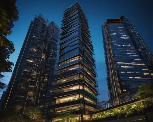 Modern skyscraper, futuristic architecture, sleek lines, glass façade, steel frame, geometric shapes, rooftop garden, cityscape view, busy streets, night scene, neon lights, reflective surface, abstra