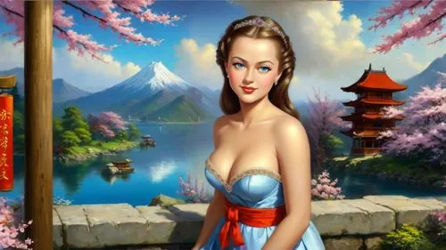 Romantic masterpiece oil painting, cute shrine maiden girl portrait, nostalgic 1950's style kitsch, beautiful exotic rural Japanese landscape, cherry blossom scenery, Japanese sakura, flower petals, b