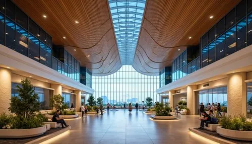 Vibrant airport terminal, futuristic architecture, curved lines, gleaming metal surfaces, large glass windows, warm beige stone walls, calming blue accents, soothing greenery, natural wood tones, comf