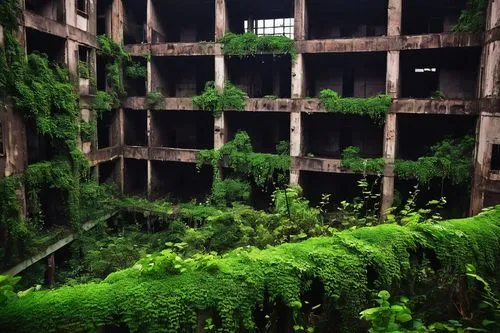 Abandoned, dystopian, brutalist skyscraper, crumbling walls, broken windows, rusty iron beams, concrete pillars, overgrown with vines, moss, and weeds, dark alleys, dimly lit, foggy atmosphere, rainy 