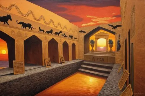 sunset at africa,caravanserai,arabic background,caravanserais,caravansary,riad,la kasbah,shadow camel,wall painting,redwall,taroudant,libyan desert,horse stable,camel caravan,fantasy picture,desert la