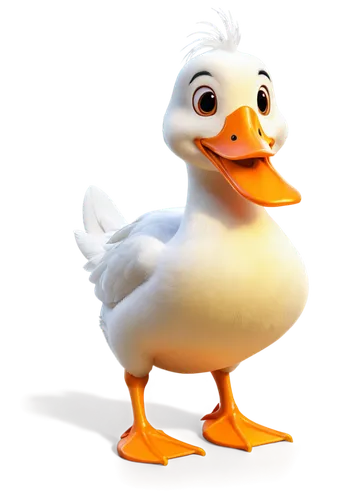 Yellow duck, cartoon style, solo, happy expression, orange beak, shiny feathers, webbed feet, waddling, close-up, exaggerated facial features, comedic eyes, bright lighting, high-contrast colors, PNG 