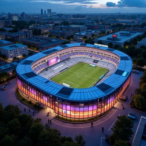 Dynamic soccer stadium facade, undulating curves, parametric design, LED light installations, translucent panels, gradient color schemes, sleek metallic materials, angular lines, futuristic architectu